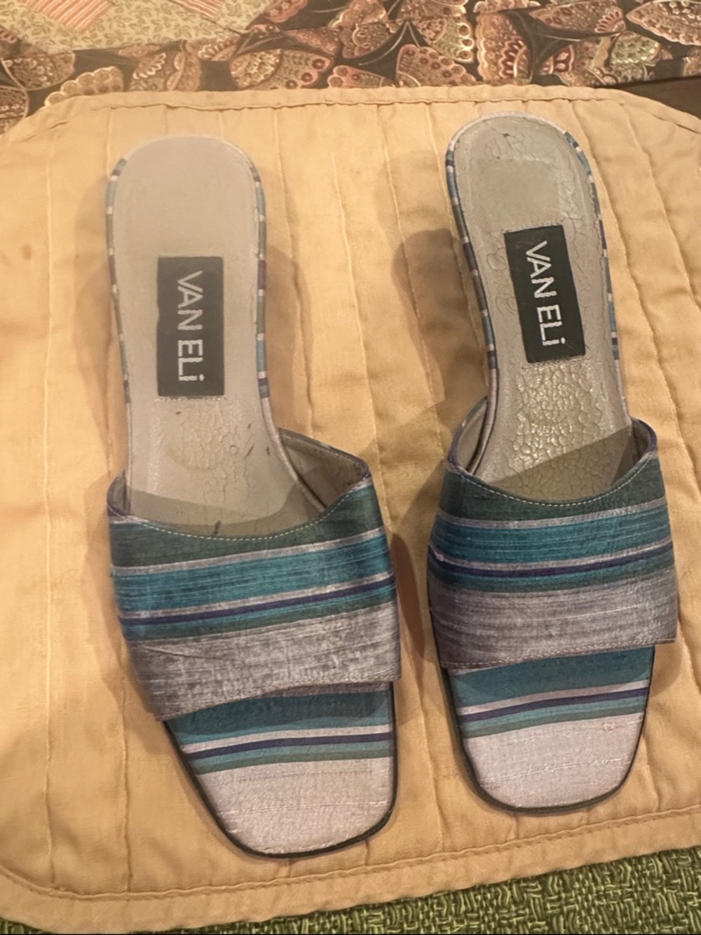 Van Eli Teal and Gray Striped Slide sandals